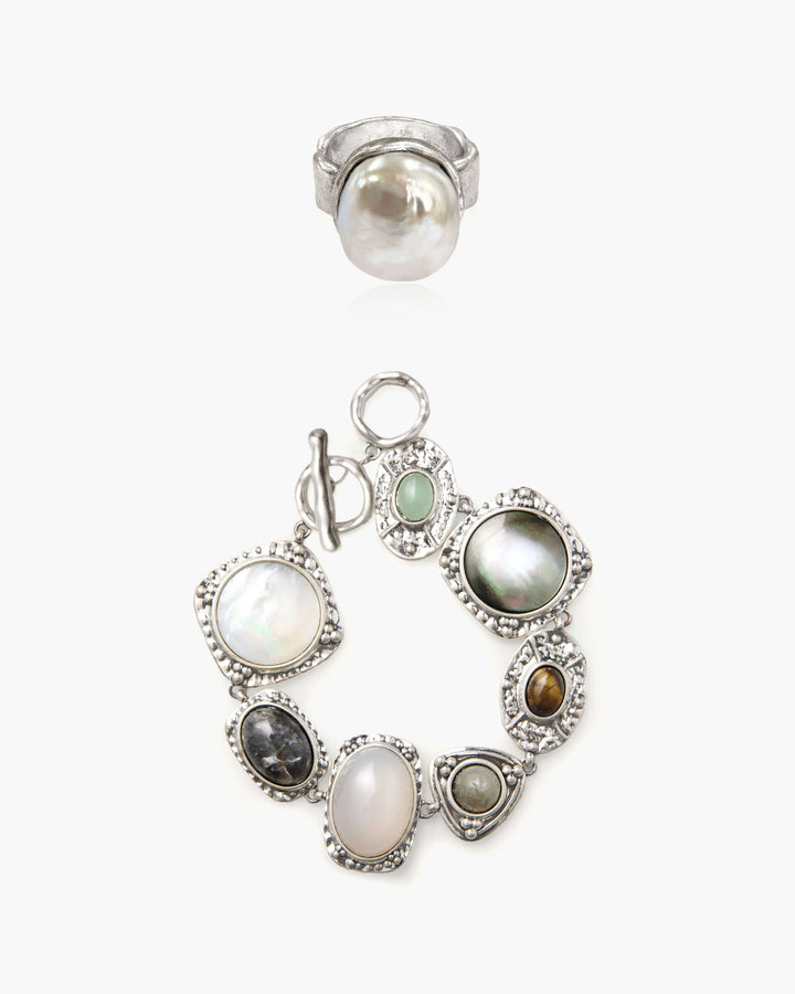 Pearl Dome Ring & Stone Bracelet Set