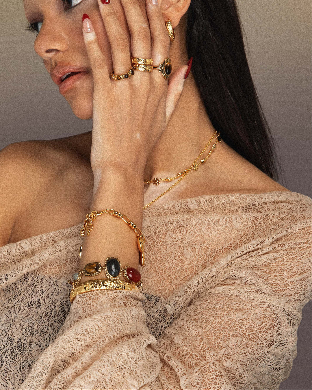 Pearl Dome Ring &amp; Stone Bracelet Set