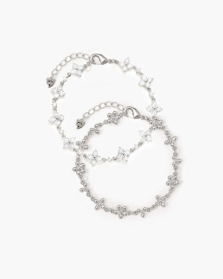 Floral Sparkle Bracelet Duo - White Gold