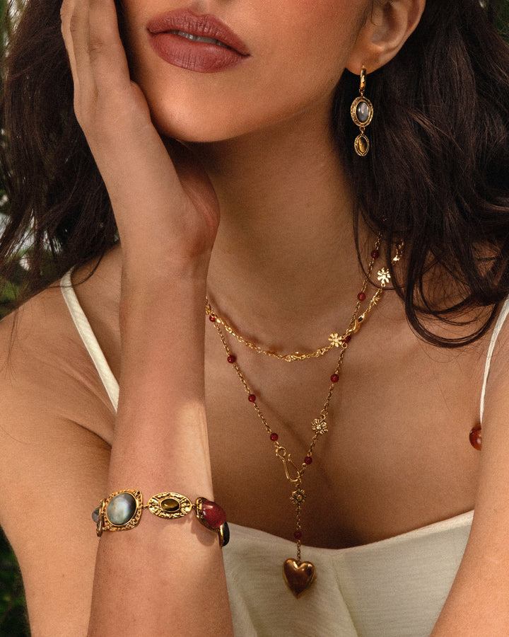 Ornate Stone Bracelet And Drop Earrings Set - Gold