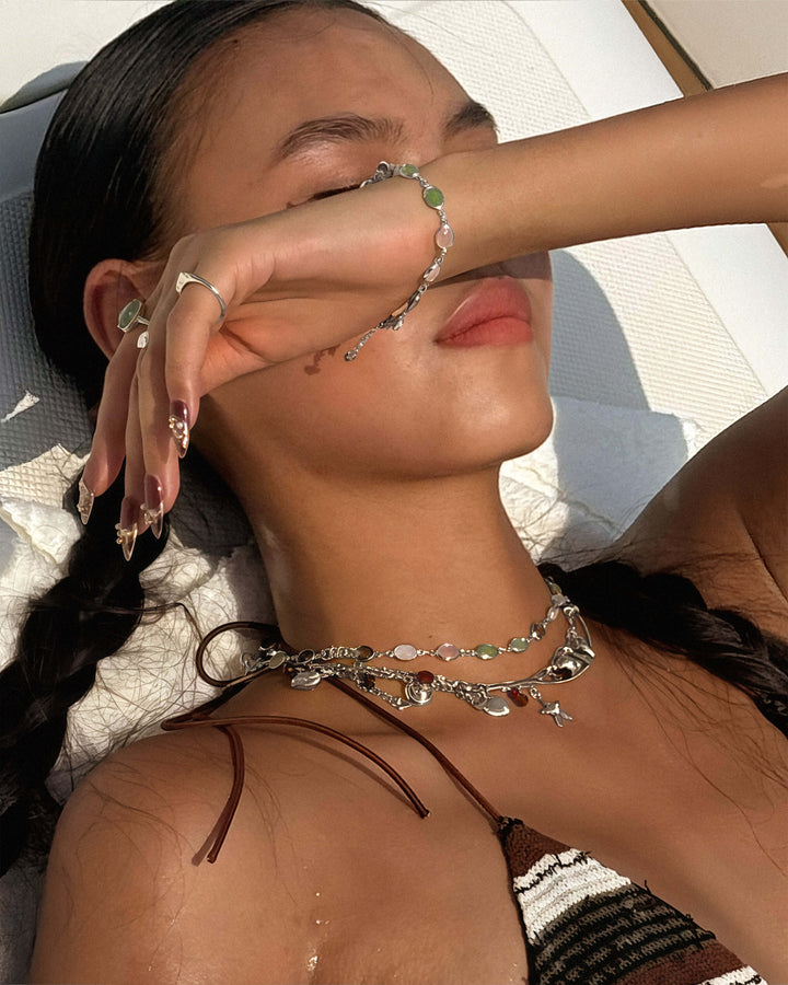 Pastel Oval Link Necklace & Bracelet Set - White Gold