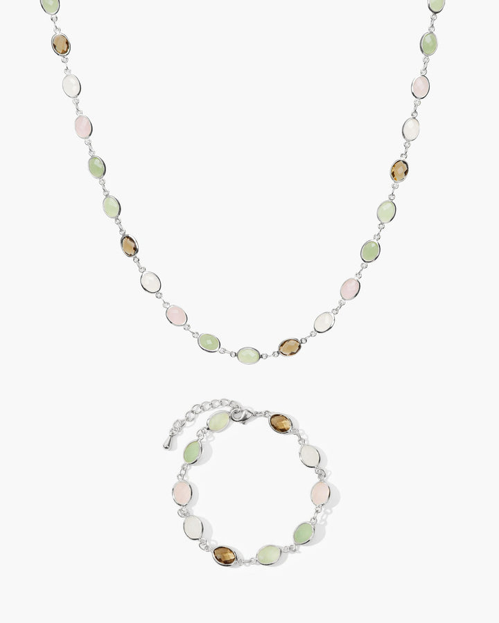 Pastel Oval Link Necklace & Bracelet Set - White Gold