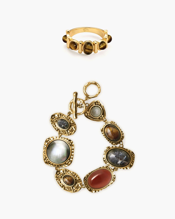 Pearl Dome Ring &amp; Stone Bracelet Set