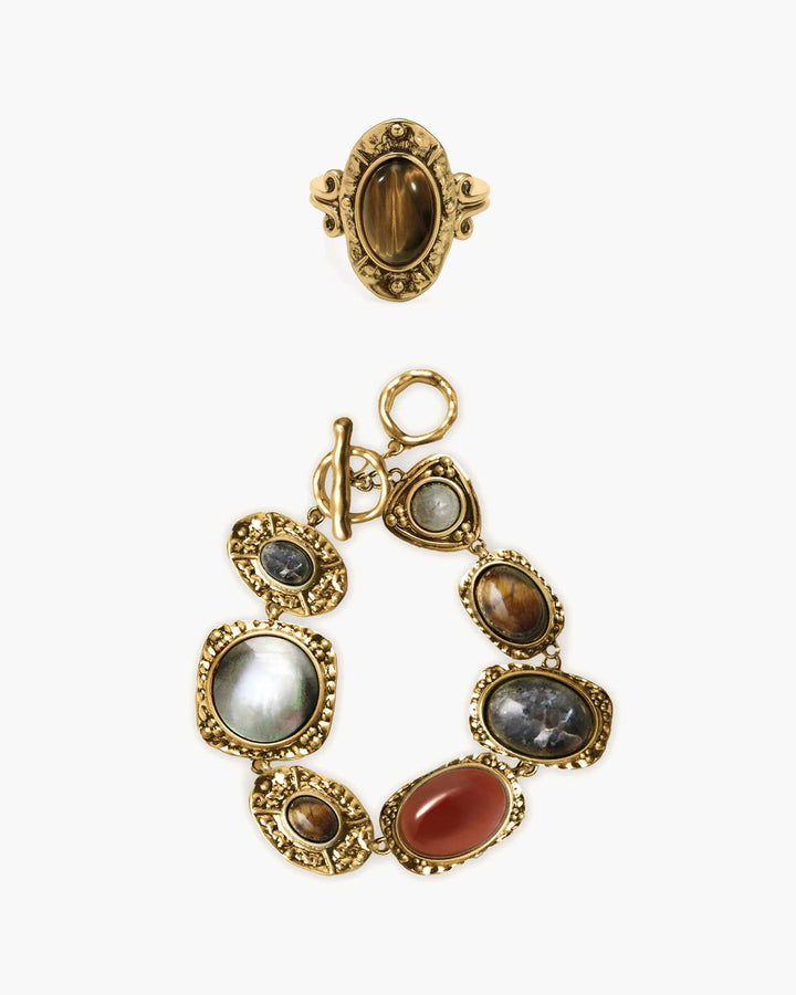 Ornate Oval Ring & Stone Bracelet Set - Gold
