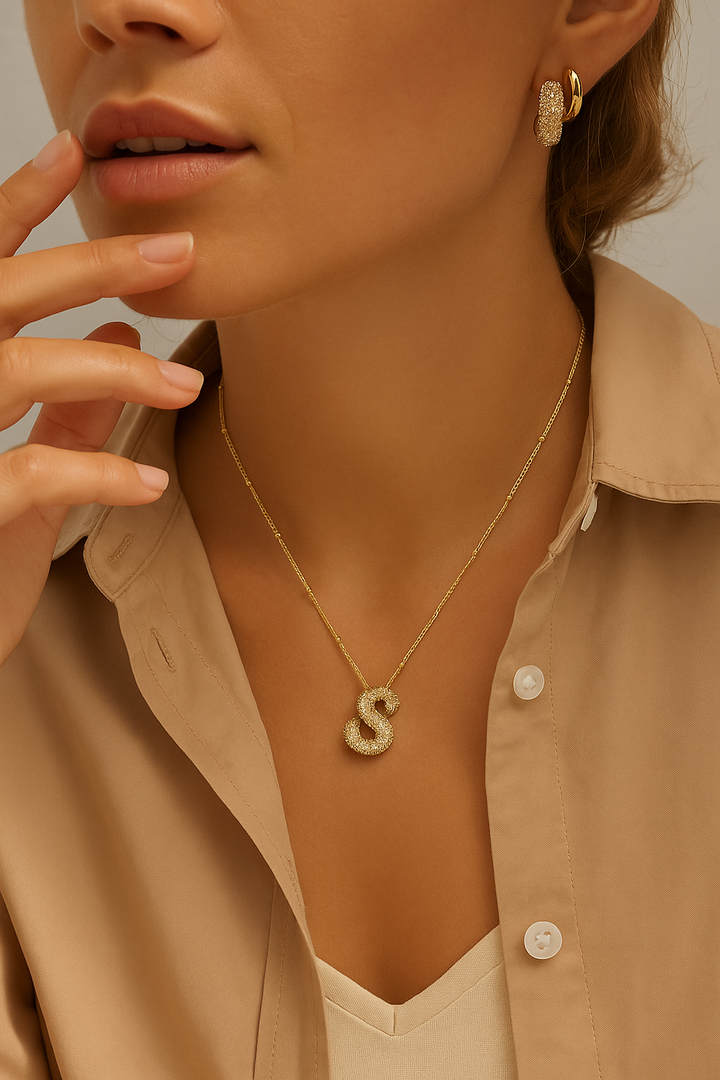 Bubble Letter Initial Necklace| Gold