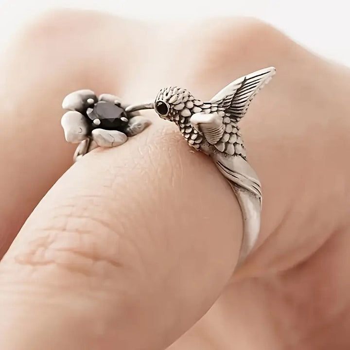 Hummingbird & Flower Ring – Adjustable Open Bird Ring for Women